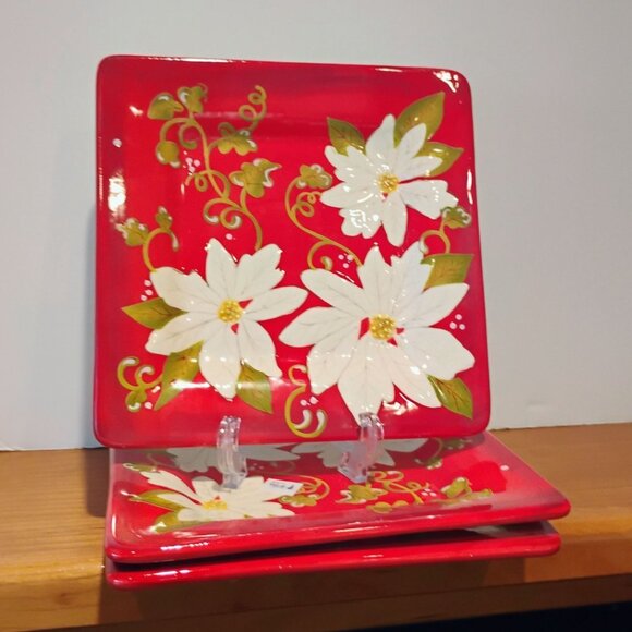 Laurie Gates Poinsettia Square Plates Set of 3 Red White 8 3/4" - Picture 3 of 8